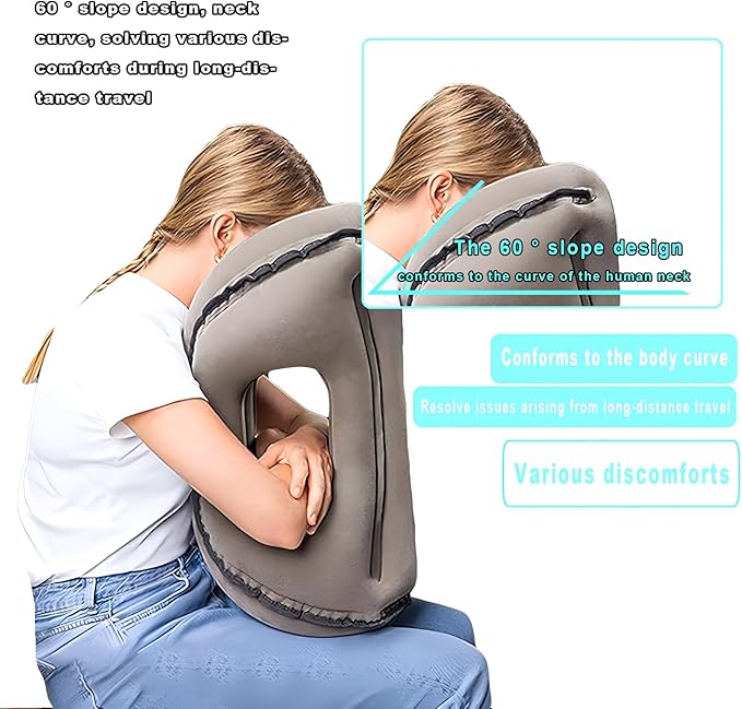 Inflatable Travel Pillow | Airplane Neck Pillow & Portable Inflatable Neck Support - Multifunctional for Flights, Cars, Office Use, with Eye Mask & Earplugs (Grey)