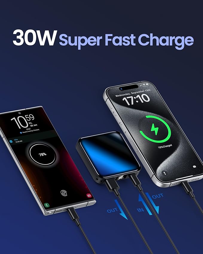 10000mAh Small Power Bank，Fast Charge Mini Portable Charger, USB C Input/Output with External Battery Pack, Smart LED Display，Suitable for iPhone, Samsung, iPad and Tablets.