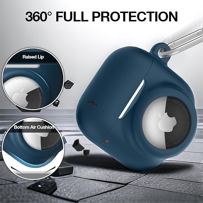 2 in 1 Silicone Case Compatible with AirPod 4 and AirTag, Shockproof Protective Skin Cover for AirPods 4th Generation with Cleaner Kit & Carabiner (Dark Blue)