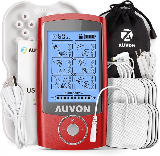 AUVON Rechargeable TENS Unit Muscle Stimulator, 24 Modes 4th Gen TENS Machine with 8pcs 2"x2" Premium Electrode Pads for Pain Relief