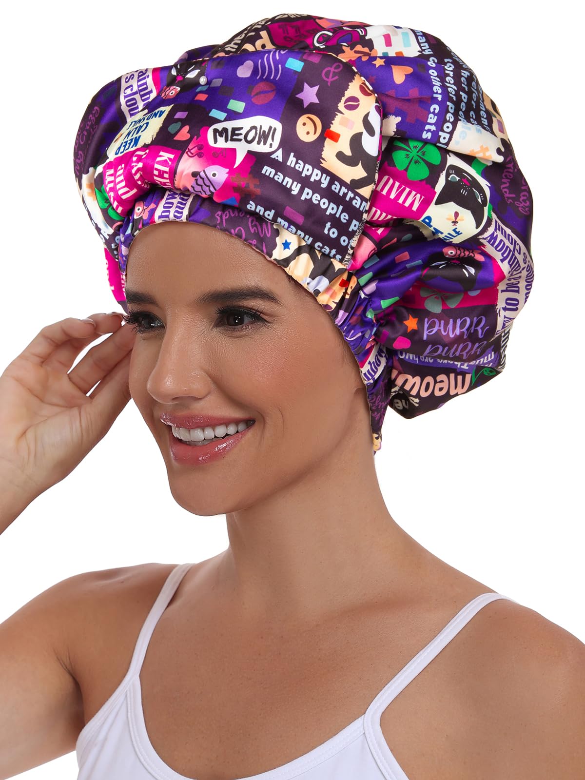 Vettres Double Layer Satin Bonnet with Eye Mask Adjustable Silk Sleep Cap Turban Style Hair Wrap for Curly Hair Purple Animals