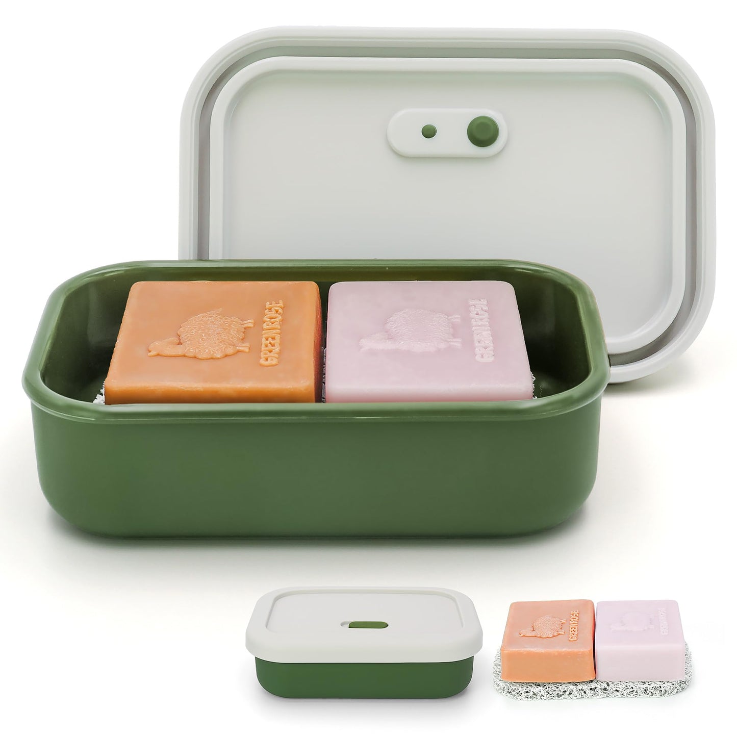 AIDIMMING Silicone Enhanced Leak Proof Travel Soap Case, Vented Shampoo Bar Holder, Large Bar Soap Box with Lid Portable Soap Dish with Draining Layer (Offwhite& Green)