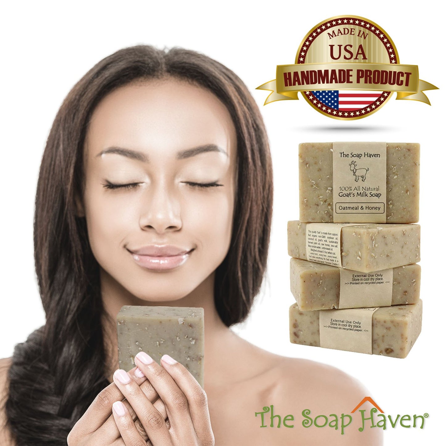 Oatmeal Soap - 4 Oatmeal & Honey Goat Milk Soap Bars, Handmade in USA, All Natural, Unscented, SLS Free, No Parabens