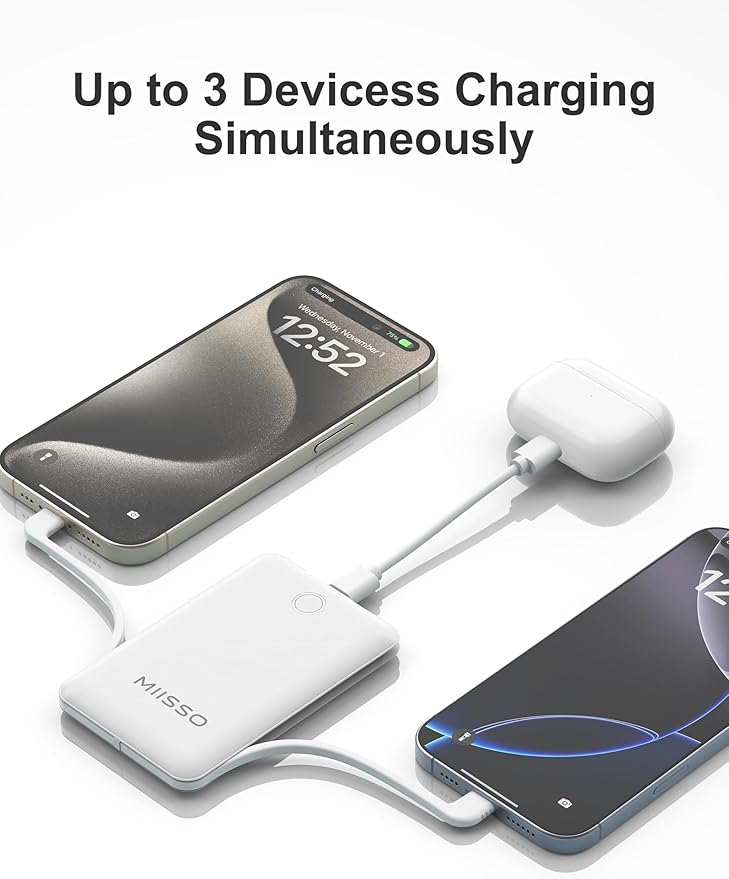 10000mAh Compatible with iPhone 15/16/17 (Only) Slim Portable Charger with Built in Cable, Power Bank Travel Charger External Battery Pack for Phone, 3 Output USB Type C Cord, 2 Pack Black & White