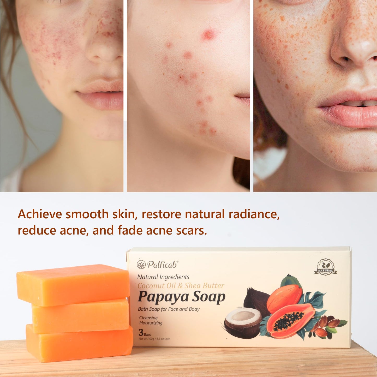 PALFICAB Papaya Soap Face & Body Wash, Natural Gentle Exfoliation Soap for All Types – Reduce Acne, Cleanse Scars & blackhead – with Papaya, Coconut Oil & Shea Butter, Purple Foaming Net, 3 Bars