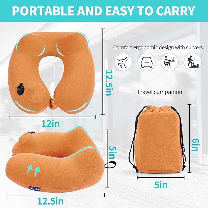 Inflatable Travel Neck Pillow for Airplane, Head Support Velvet Adult Neck Pillow for Long Flight, Kit with Eye Mask, Earplugs and Storage Bag,1, Orange