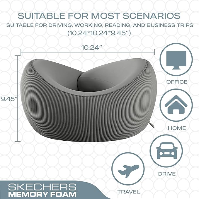 Skechers Memory Foam Neck Pillow, Comfortable & Breathable Travel Pillow,Neck Pillow Airplane for Travel, Car Rides, Home, and Office Use, Ergonomic Design for Men and Women,Grey