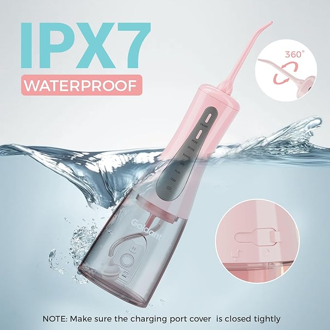 350ML Water Dental Flosser Teeth Pick with Travel Bag, 5 Modes Portable Cordless Oral Irrigator Cleaner, Electric Rechargeable IPX7 Waterproof for Home Travel Teeth Cleaning flossing (Pink)