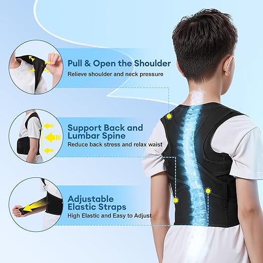 babaka Posture Corrector for Kids and Teens Adjustable Full Back Support Brace, Scoliosis, Dowagers Hump, Hunchback, Spine Corrector Boys and Girls (Medium, Waist: 18''-22'')