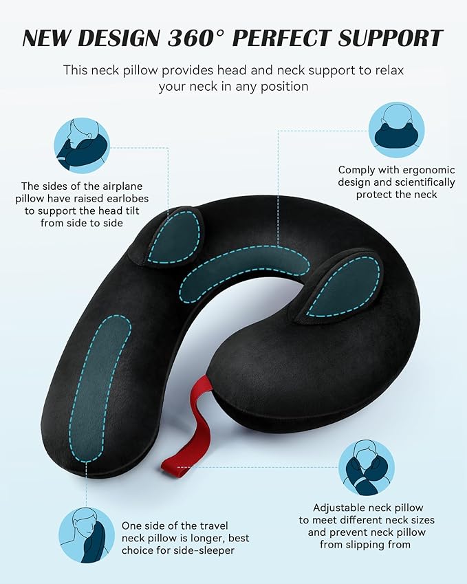 Inflatable Neck Pillow for Travel, Travel Pillow Support Head and Neck, Travel Neck Pillow for Airplane,Train,Car,Office,Home,Washable Cover (Black)