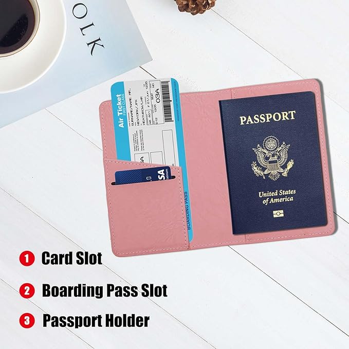 Cnycmy Passport Holder for Travel–Slim Travel Organizer for Passport, RFID Blocking,Boarding Pass, Credit Cards | Vegan Leather & Anti-Theft Design (Pink5)