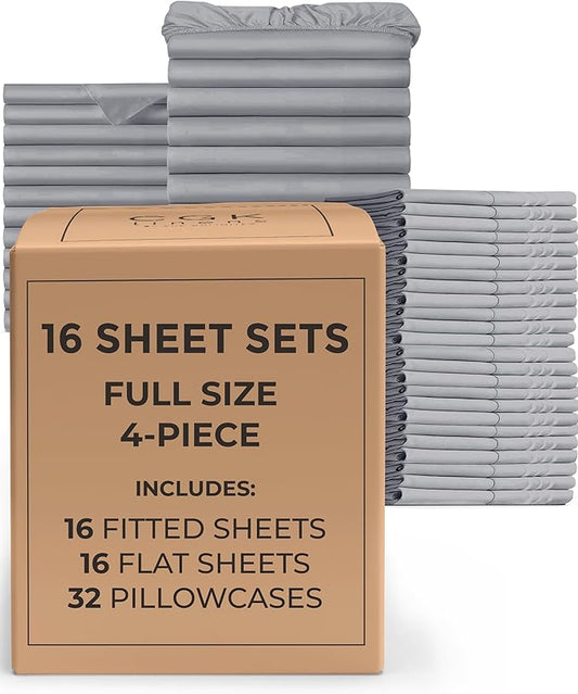 Bulk Case Pack of 16 Sheet Sets - (16) Complete Full Size Sheet Sets with Deep Pockets - Wholesale Bulk Bedding for Hotels, Spas & Airbnbs - Breathable, Cooling and Wrinkle Free - (Full, Steel Blue)