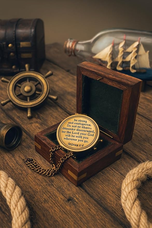 Be Strong and Courageous Compass – Antique Nautical Magnetic Compass with Engraved Scripture Quote – Baptism Gift with Wooden Box for Son, Father, Husband, Loved One