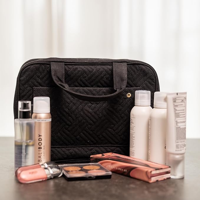 Carrywell |Not Made In China| Hanging Toiletry Travel Bag For Women, Makeup Organizer Case, Water-Resistant Cosmetic Bag For Full-size Containers, Toiletries (Black, Large)