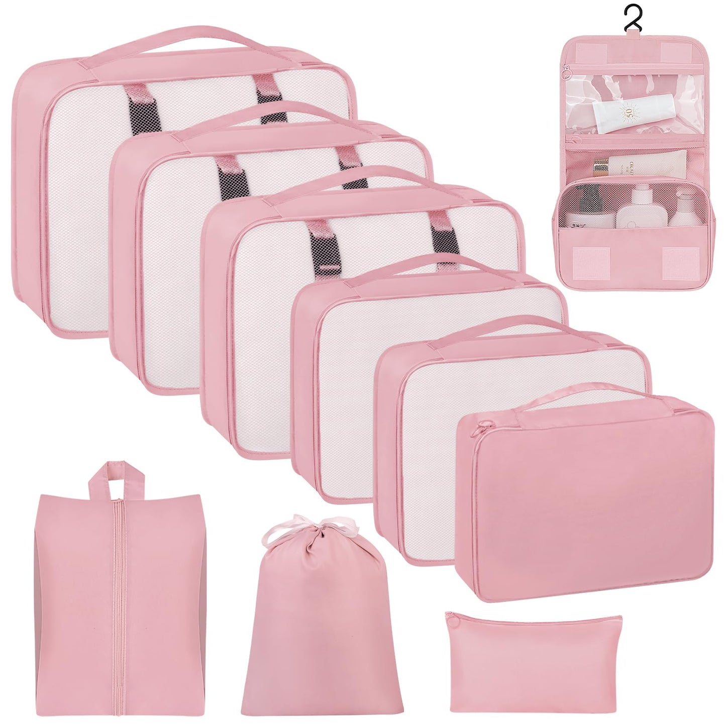 10 Set Packing Cubes for Travel, Travel Packing Cubes with Hanging Toiletry Bag and Shoe Bag, Suitcase Luggage Organizer Bags for Travel Essentials Women Men (Pink)