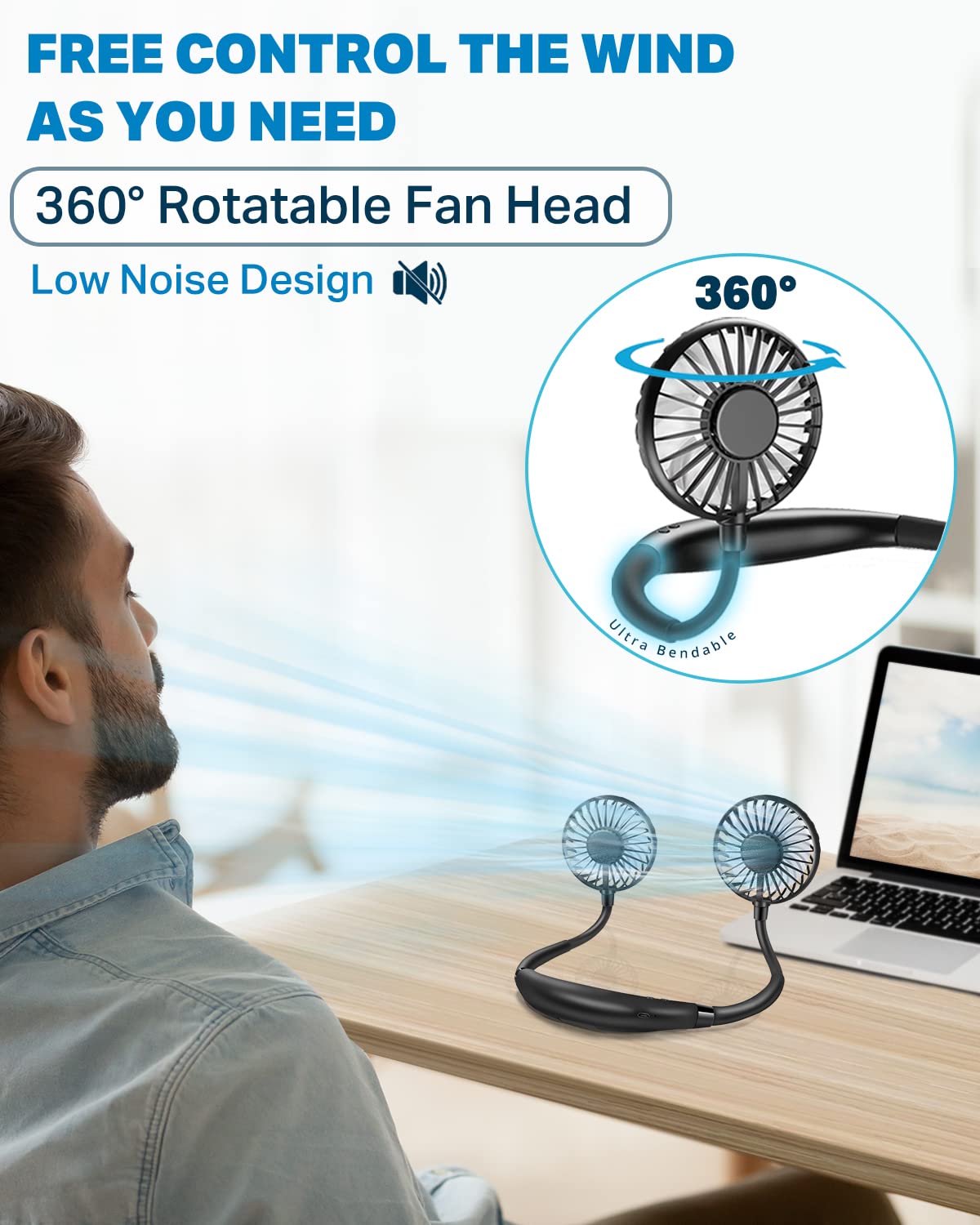 YALTOON Neck Fan, Hand Free Portable Neck Fans For Women, Kids, and Men, 3 Speed Adjustable Hanging Around Necklace Fan, Rechargeable Battery Operated Wearable Fan Personal Fans Cooling Neck Fan