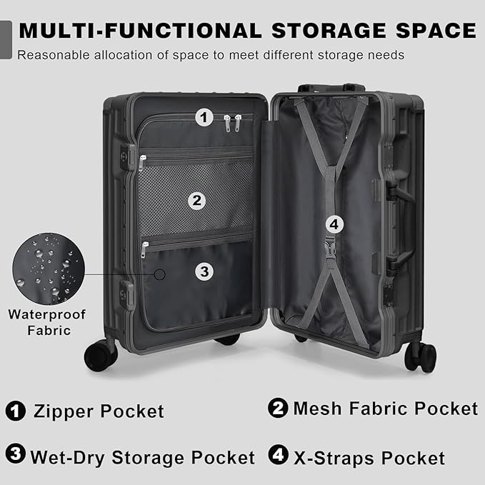 AnyZip Luggage Sets 2 Piece Aluminum Frame Carry On and Checked Suitcase PC ABS Hard Shell TSA Lock No Zipper(Black, 20/28)