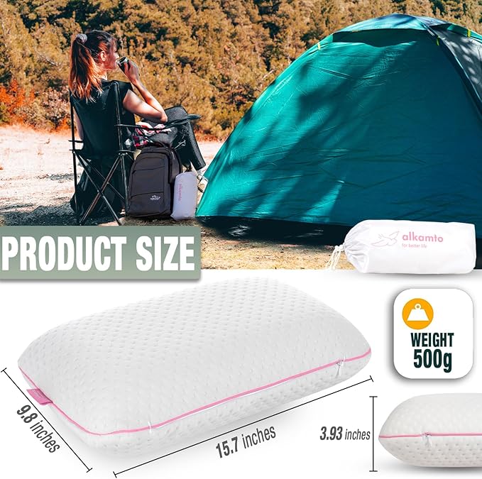 Travel & Camping Comfortable Memory Foam Pillow – Easy to Carry Portable Bag – Temperature Regulating Pillow Case (Pink + Extra Cover)