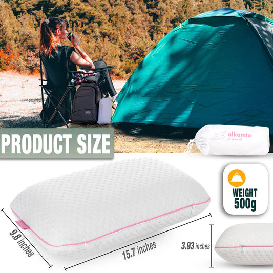 alkamto Travel & Camping Comfortable Memory Foam Pillow – Easy to Carry Portable Bag – Temperature Regulating Pillow Case (Pink + Extra Cover)