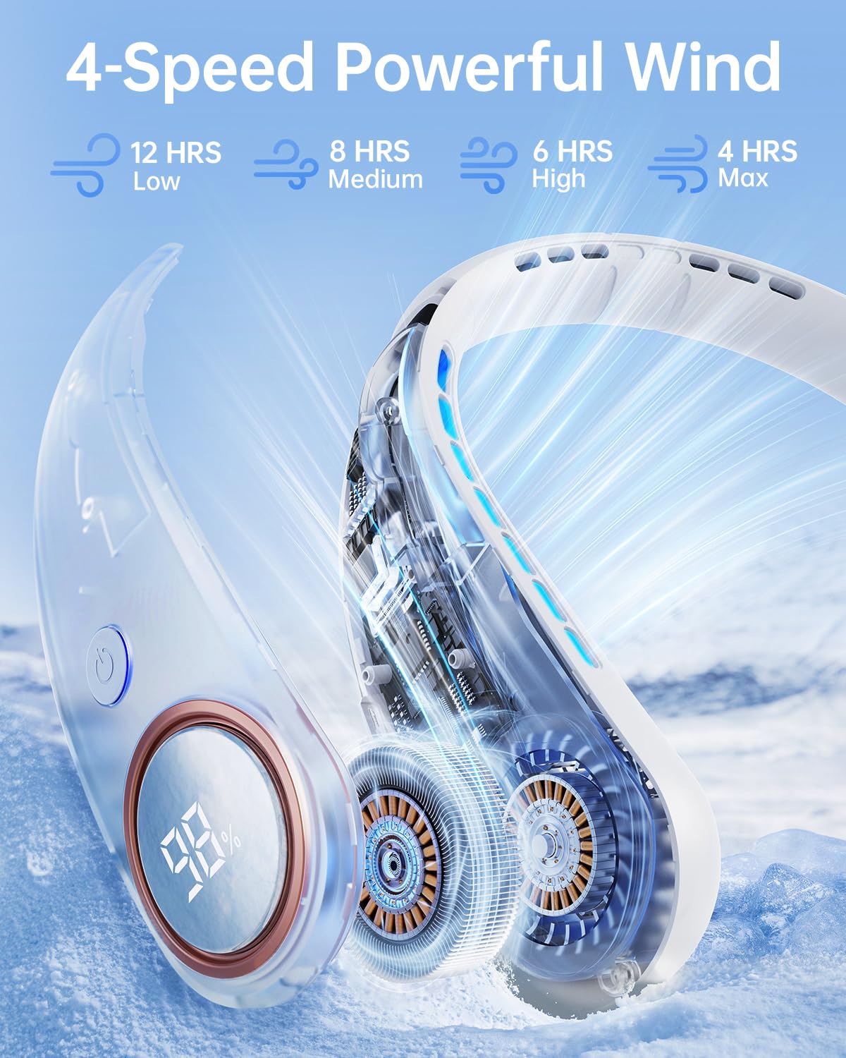 Neck Fan - Bladeless Portable Neck Fans, with LED Display, 4 Speeds, 5000mAh Personal Wearable, USB Rechargeable Cooling Hands Free, Travel Gifts for Men, Women (White)