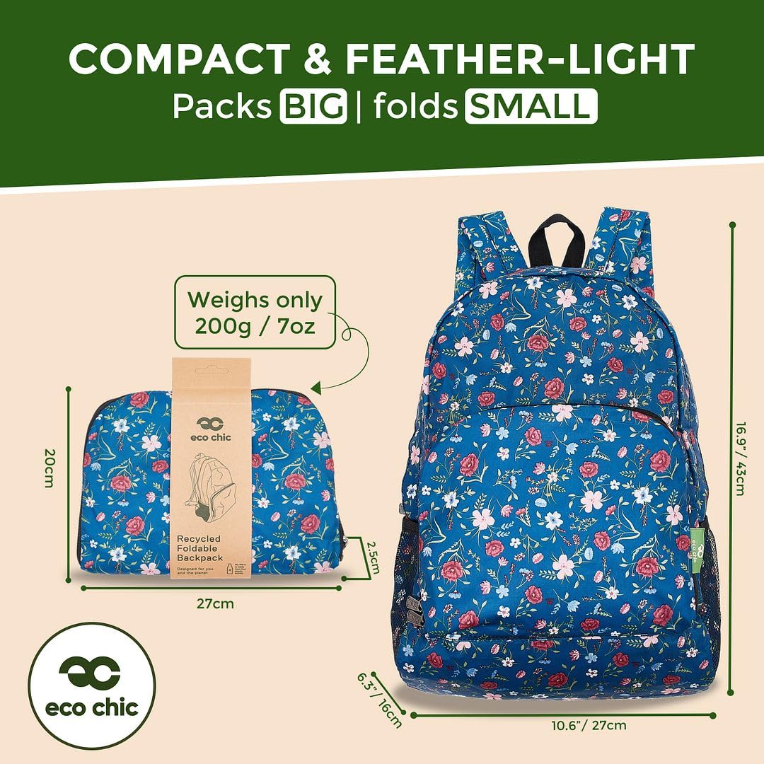 ECO CHIC Hiking Lightweight Packable Backpack - Foldable Daypack for Travel & Hiking & Outdoor Adventures - Waterproof Backpack from Recycled Materials (Floral Navy)