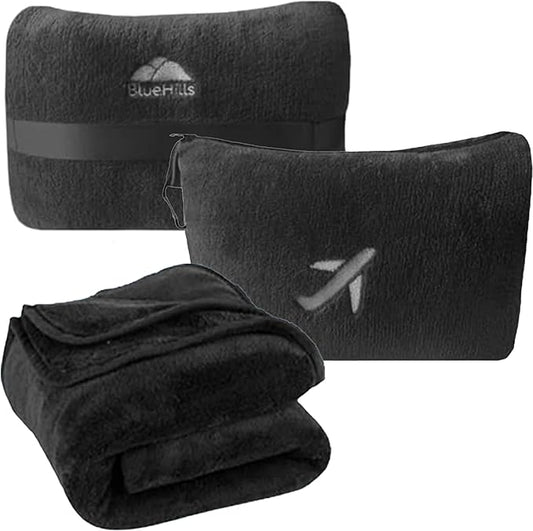 BlueHills Travel Blanket Pillow in Mini Soft Packable Case Premium Plush Airplane Blanket in Portable Compact Pack with Luggage Belt and Carabiner Long Flight Throw Essentials Lightweight- Black M05