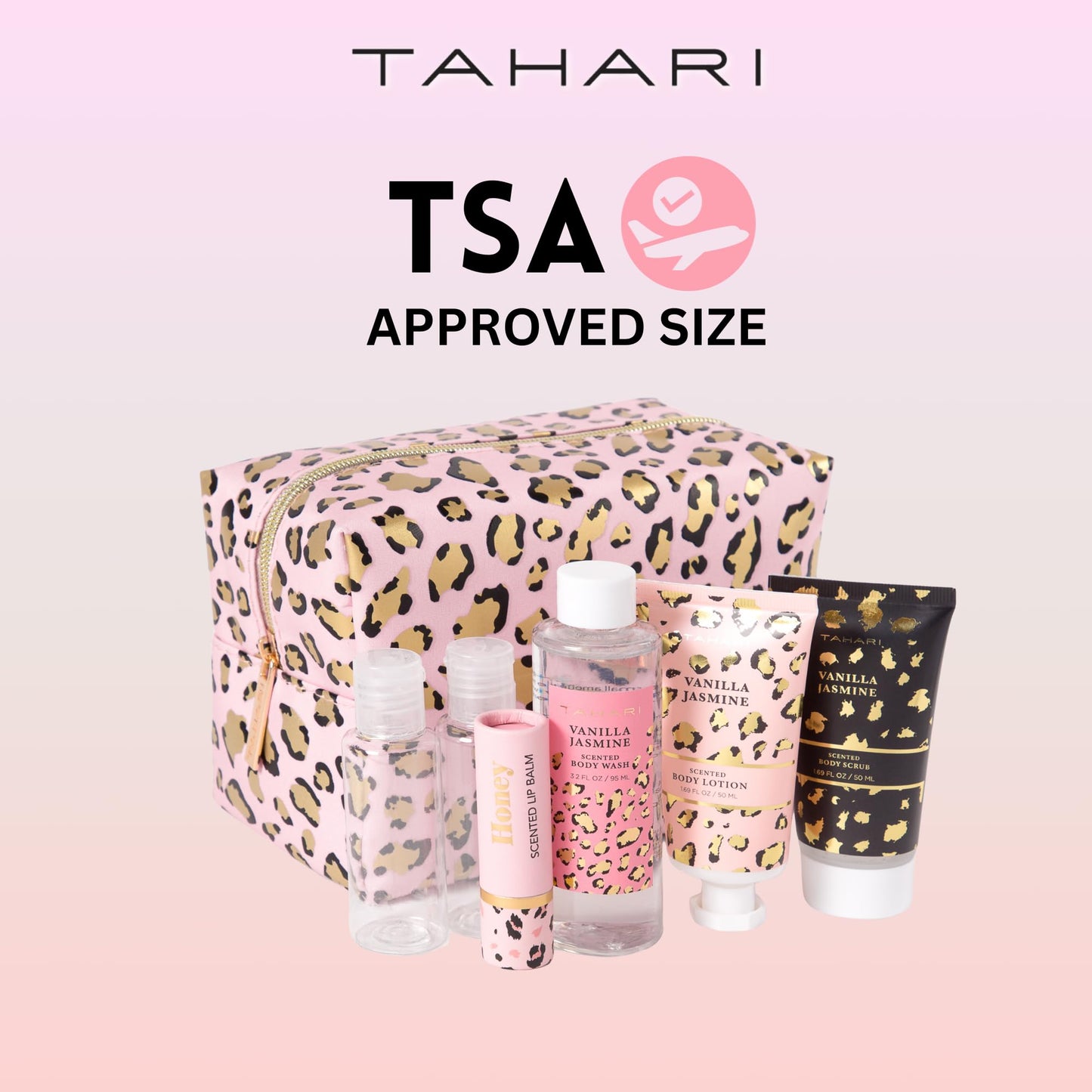Tahari Vanilla Jasmine Spa Gift Set for Women – Luxurious Bath Kit with Body Lotion, Body Scrub, Body Wash & Lip Balm with Bag – Perfect Selfcare Gifts for Women (Leopard)