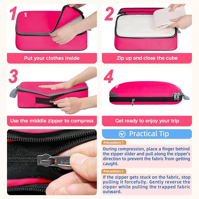 BAGAIL 4 Set/6 Set/8 Set Compression Packing Cubes Travel Accessories Expandable Packing Organizers (Cloth Pattern, 4-Fuchsia)