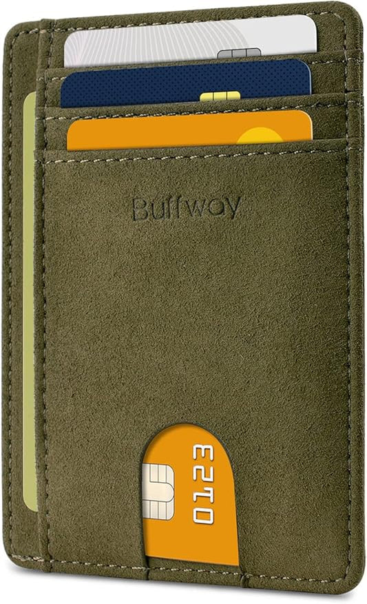 Buffway Slim Minimalist Front Pocket RFID Blocking Leather Wallets for Men and Women - At Sahara Desert Green