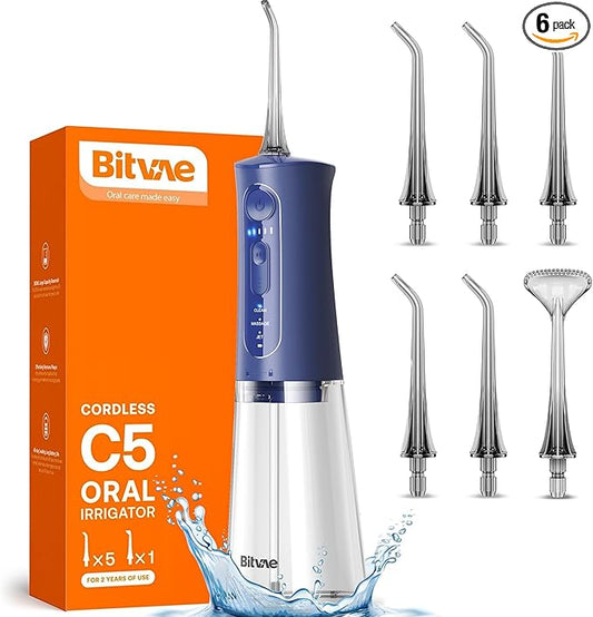 Bitvae Cordless Water Dental Flosser for Teeth, Portable 300ML Water Teeth Cleaner Picks, 3 Cleaning Modes 6 Jet Tips, Water Dental Picks for Cleaning (Midnight Blue)
