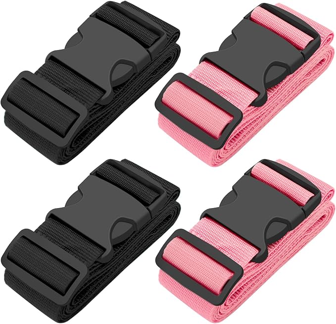 BILIONE 4 Pack Luggage Straps 79" Long Belts Keep Suitcase Secure While Traveling, TSA Approved Add a Bag Premium Accessory for Travel Bag Closure (2PCS Black + 2PCS Pink)