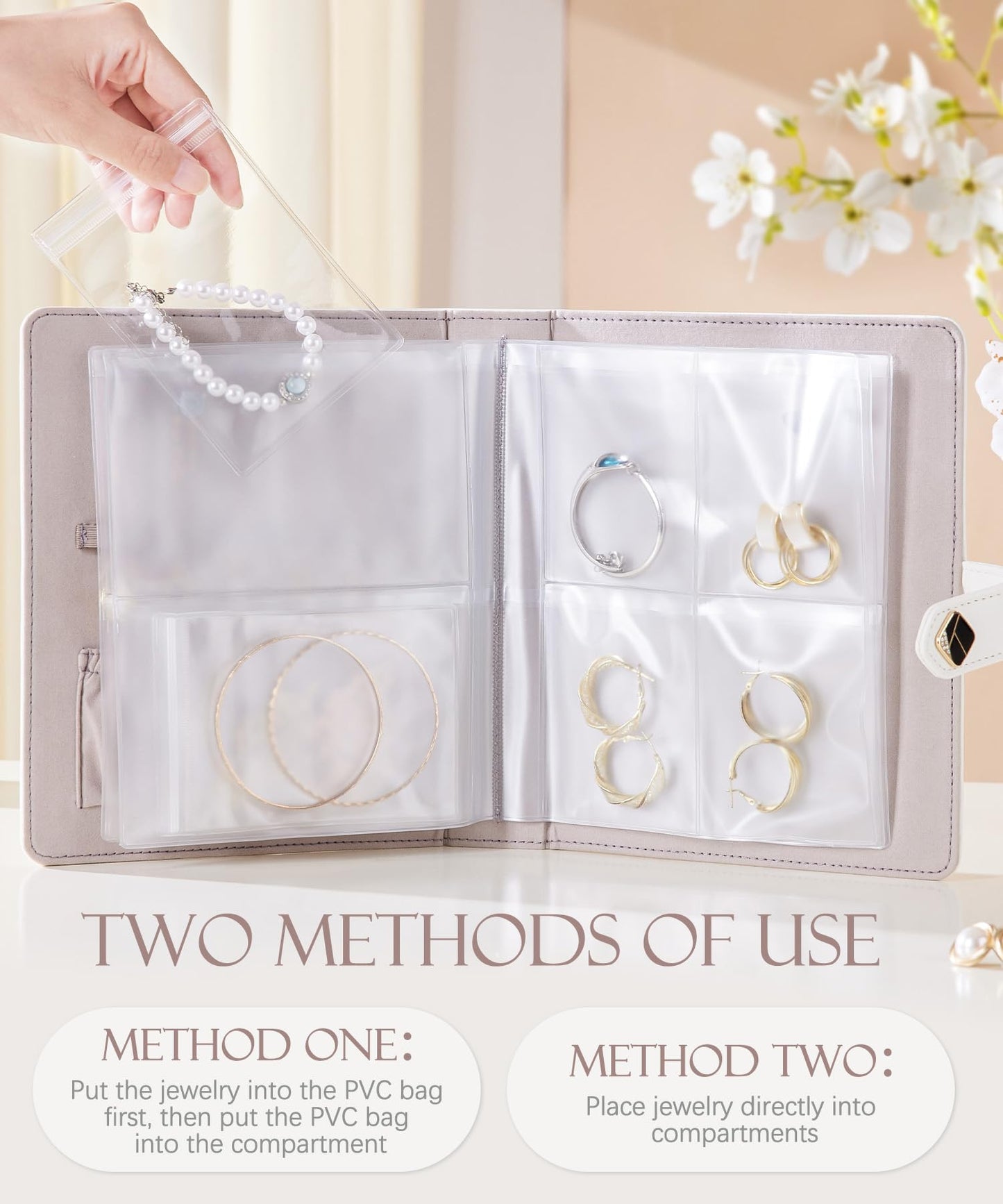 Homde Women Travel Jewelry Box: Traveling Organizer for Ring Necklace Bracelet - Storage Book with Plastic Pouches for Friend Sister Mother