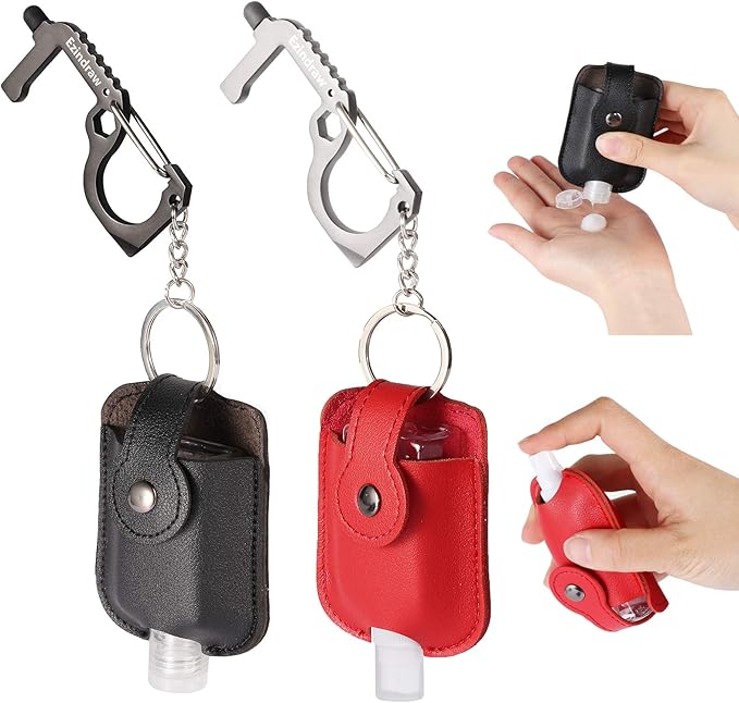 2 PCS Hand Sanitizer Travel Size Spray Case, Premium PU Leather Hand Sanitizer Keychains with Door Opener Tool, Spray or Squeeze, Refillable, Red, Black, Empty