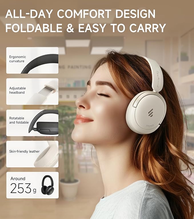 Atom Max - Hybrid Active Noise Cancelling Headphones, Hi-Res Audio, Wireless Over-Ear, Foldable, 45H Playtime, Fast Charging, Customize via an App, Bluetooth v5.4, ANC Headphones, White