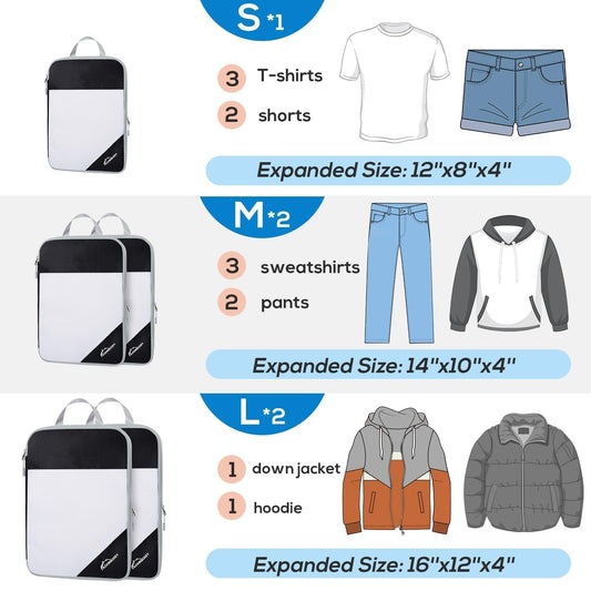 Compression Packing Cubes, 5 Set Packing Cubes for Travel Compression, Lightweight Compressible Package Organizer for Carry On and Suitcases, Black