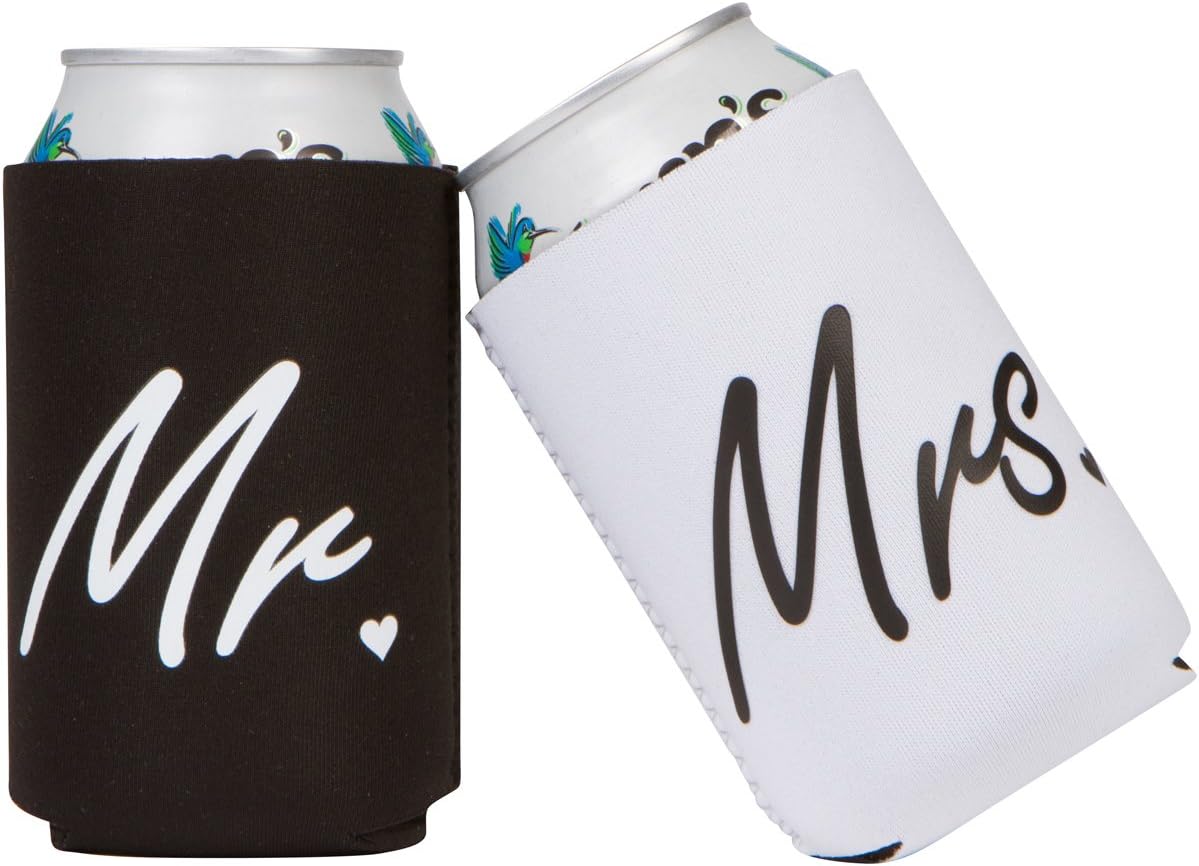 Cute Can Cooler Sets - Wedding Gift - Engagement Gift (Black/White - Mr and Mrs)
