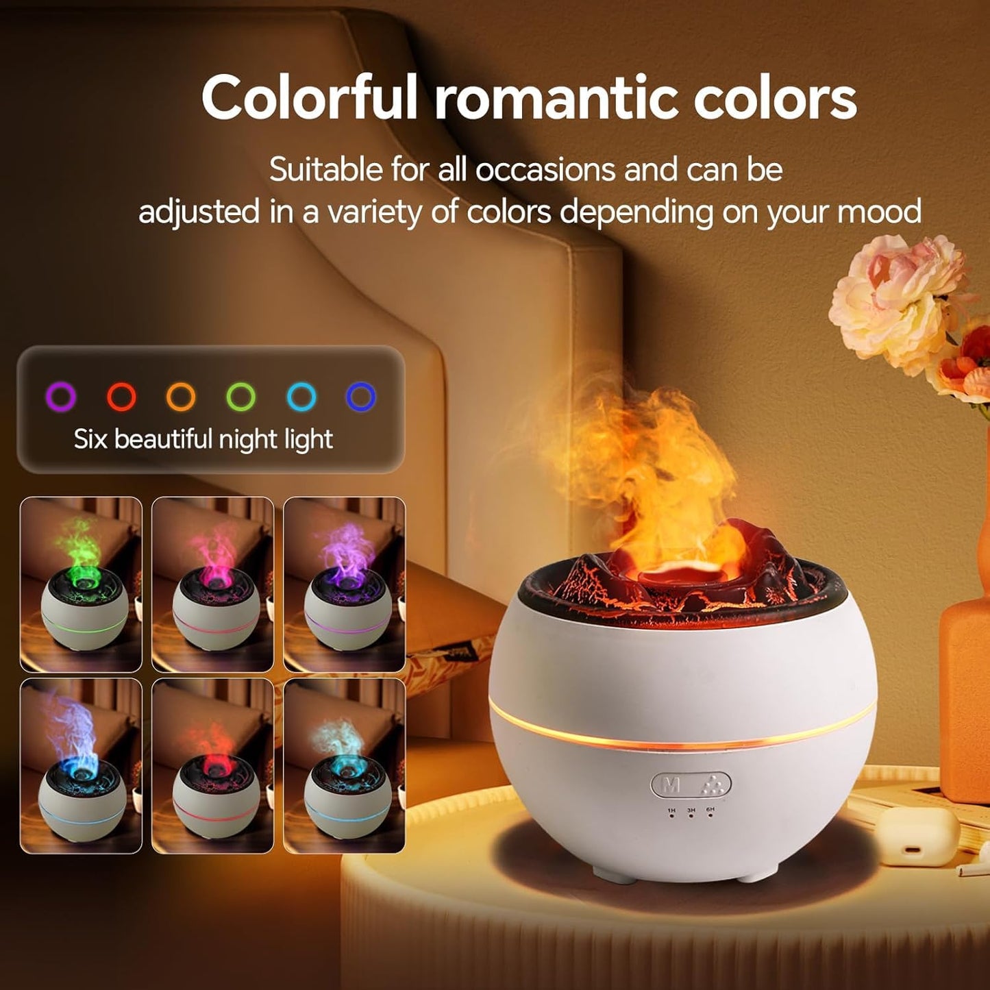 Volcano Humidifier,Essential Oil Diffuser 360ml Fine Mist Volcano Aroma Diffuser, Quiet Operation with Flexible Timer Settings, 7-Color LED Lights for Enhanced Sleep,White