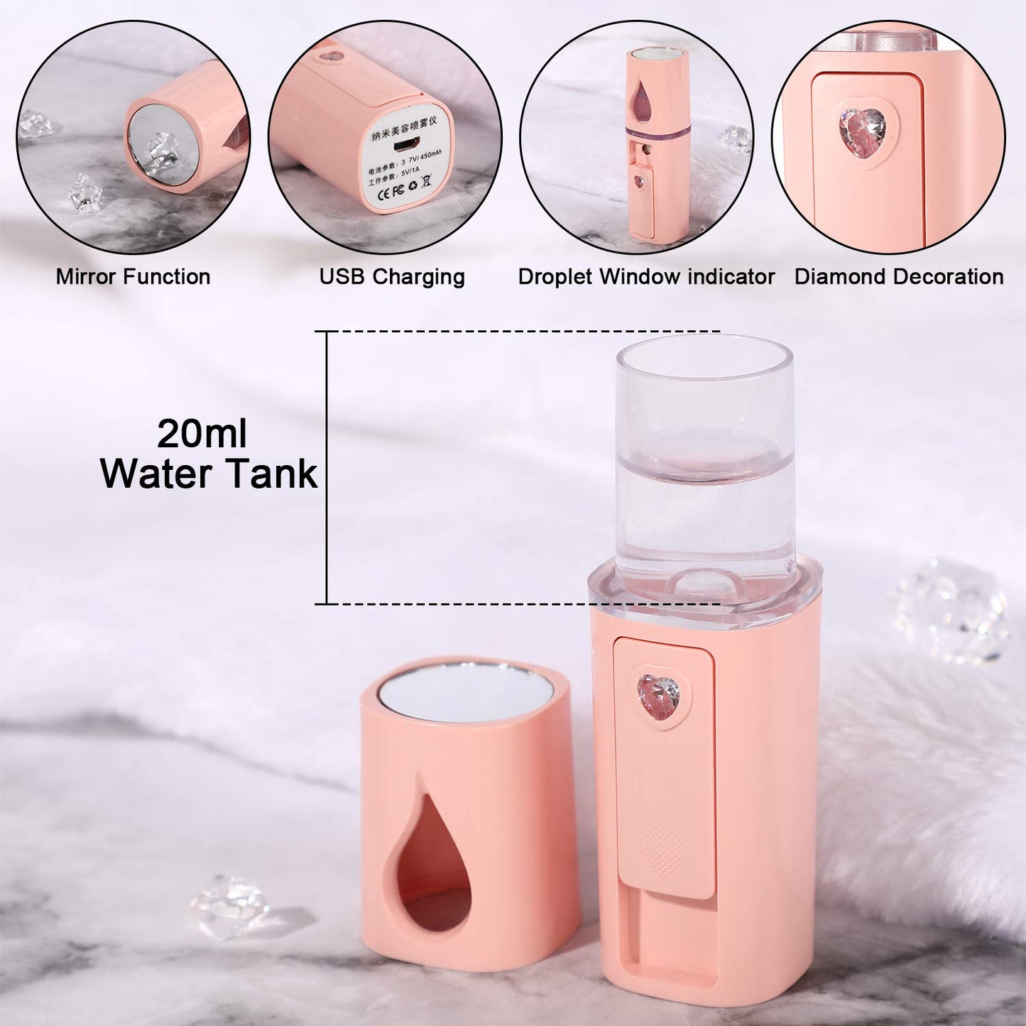 2 Pcs Nano Facial Mister Portable Mini Face Steamer USB Rechargeable Handy Sprayer with Mirror and 20ml Visual Water Tank, Moisturizing and Hydrating for Atomization Eyelash Extension(White, Pink)