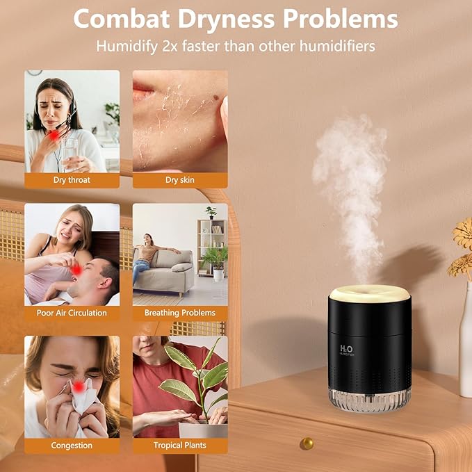 Portable Mini Humidifier, Auto Shut-Off, 2 Mist Modes, Quite, Small Humidifiers for Bedroom Travel Office Desk Plants (Black)