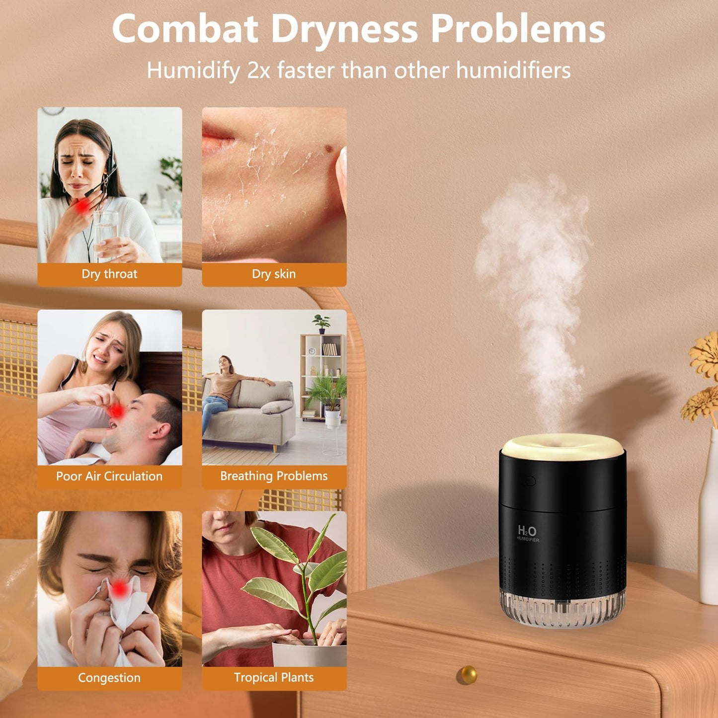 BAMCOO Portable Mini Humidifier, Auto Shut-Off, 2 Mist Modes, Quite, Small Humidifiers for Bedroom Travel Office Desk Plants (Black)