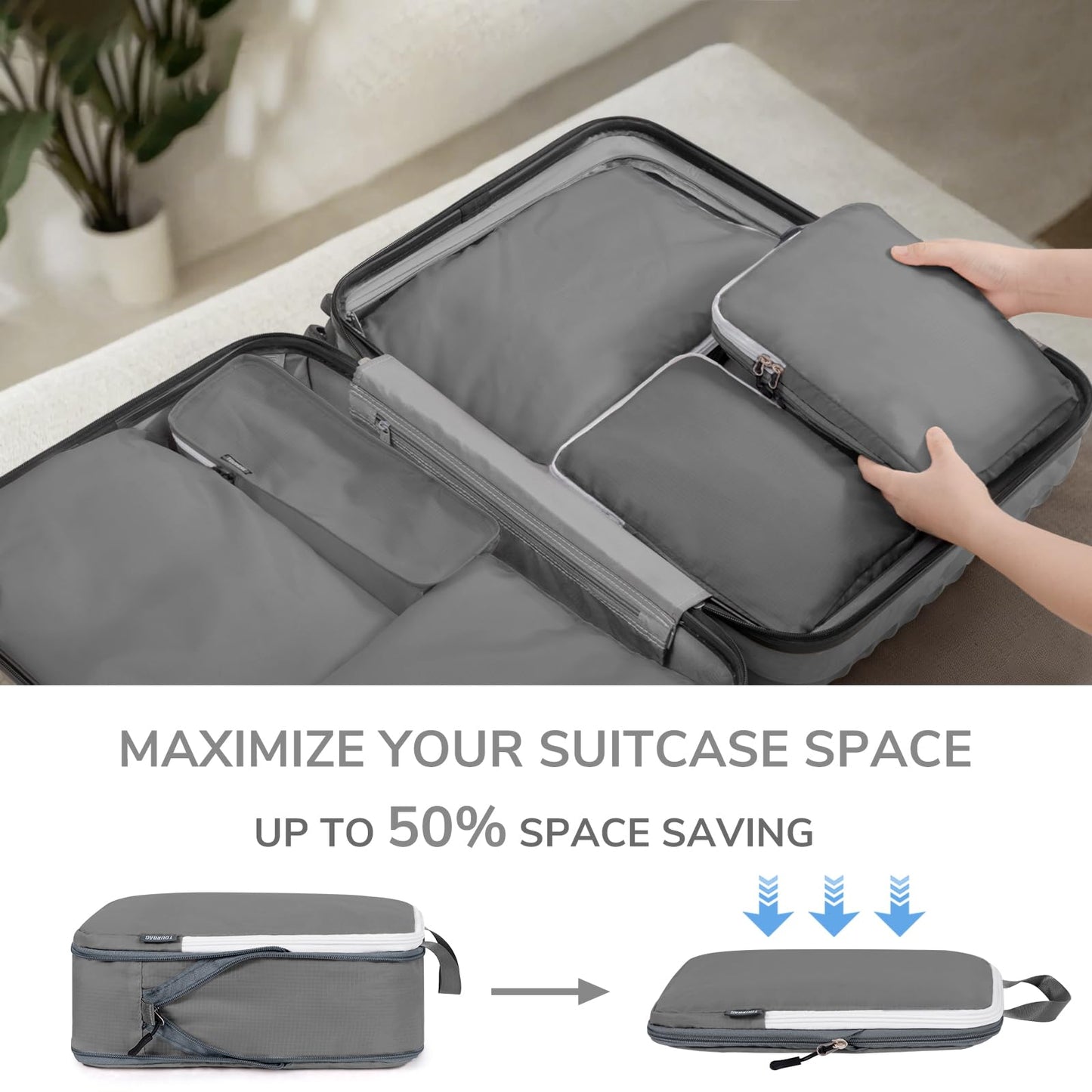 CherryNow Compression Packing Cubes, 7 Set Packing Cubes Compression, Travel Essentials, Travel Organizer for Shoes, Clothing, Grey