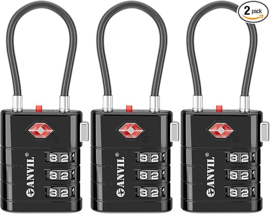 ANVIL TSA Approved Luggage Locks – High Security TSA008 Combination Travel Locks with Inspection Indicator for Suitcases and Backpacks. (3, Black)