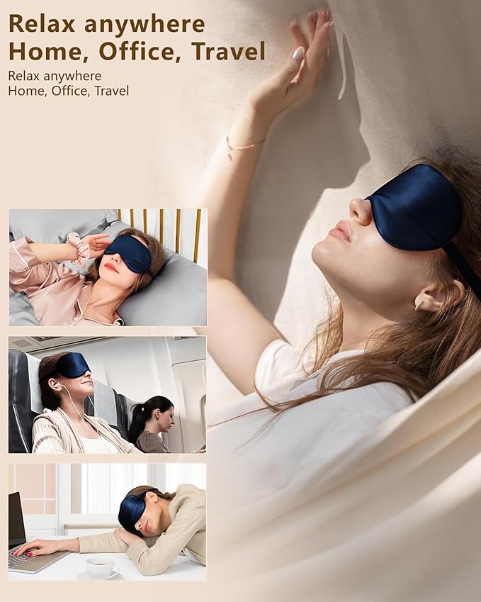 Silk Eye Mask for Sleeping - Soft Breathable Organic Natural Mulberry Silk Fabric Blackout Sleep Mask with Adjustable Straps No Pressure Eye Mask for Travel Essentials Gifts (Navy Blue)