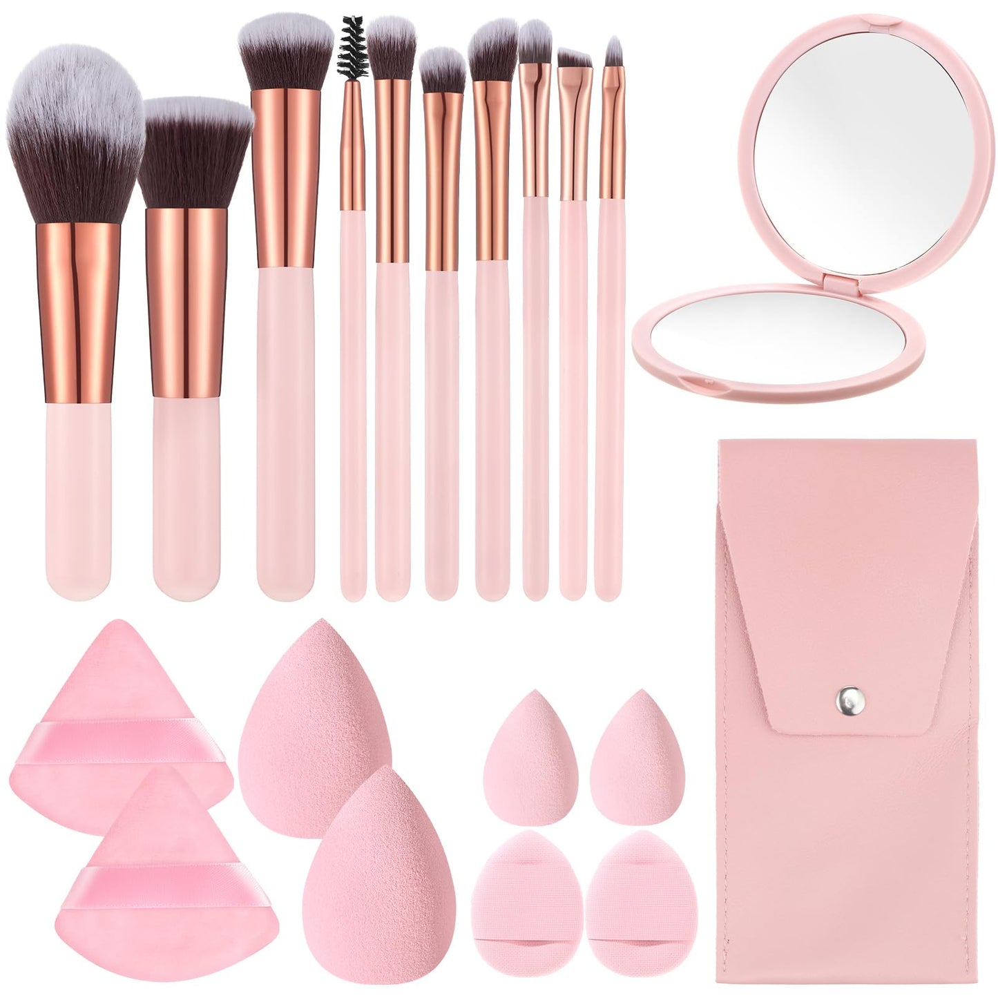 20PCS Travel Makeup Brush Set,10 Pcs Small Makeup Brushes with Mirror,Storage Bag and 8PCS Makeup Sponges for Home,Travel, Party
