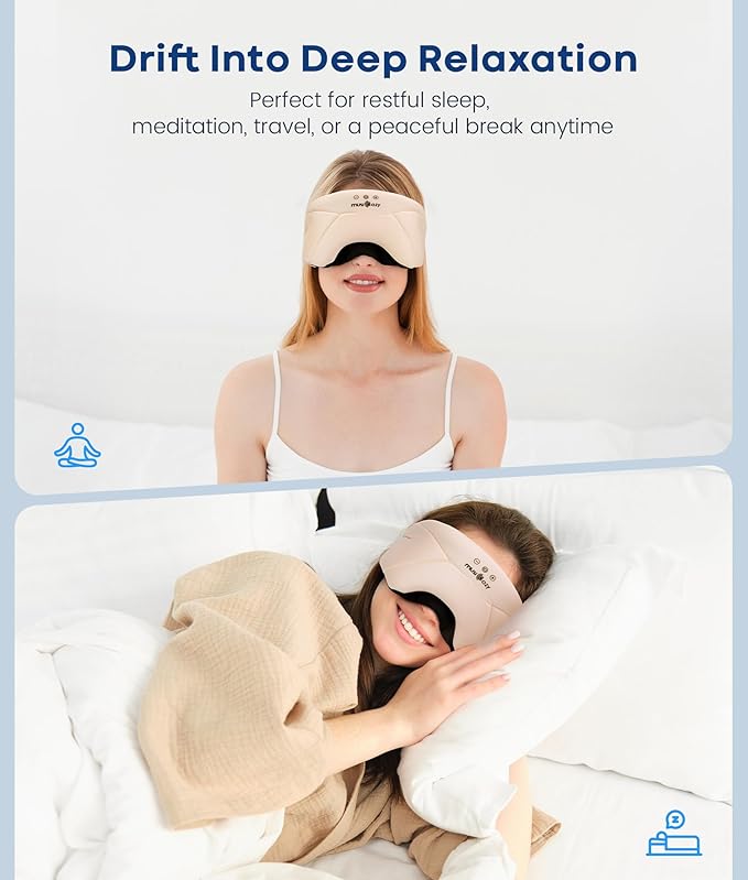 MUSICOZY Sleep Headphones, Bluetooth 5.4 Sleep Mask, Washable Zipper Eye Mask with HD Stereo Speakers, Cooling Ice Silk Fabric, 14H Playtime Wireless Headband Headphones for Side Sleepers