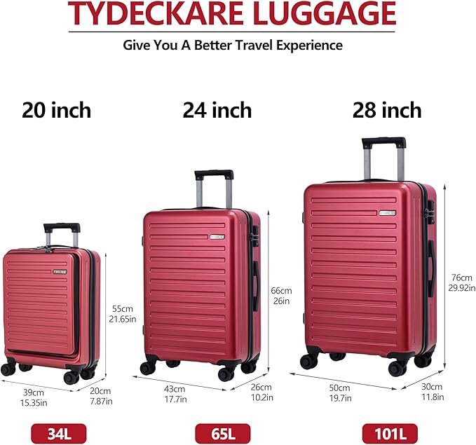3Pcs (20/24/28) Luggage Set, HardShell Lightweight, Only 20" with Front Pocket, 21.65*15.35*7.87" Fits Overhead Cabin, 24" (26*17.7*10.2") and 28" (19.68*11.81*29.92") Checked Luggage, Red