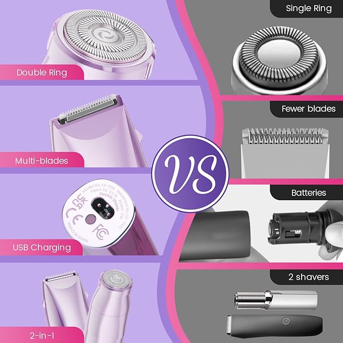 Bikini Trimmer for Women 2 in 1 Electric Razor for Women Face - Wet and Dry Electric Lady Shaver, Smooth Facial Hair Remover and Body Hair Trimmer for Bikini Leg Underarm Face Private Area, Purple