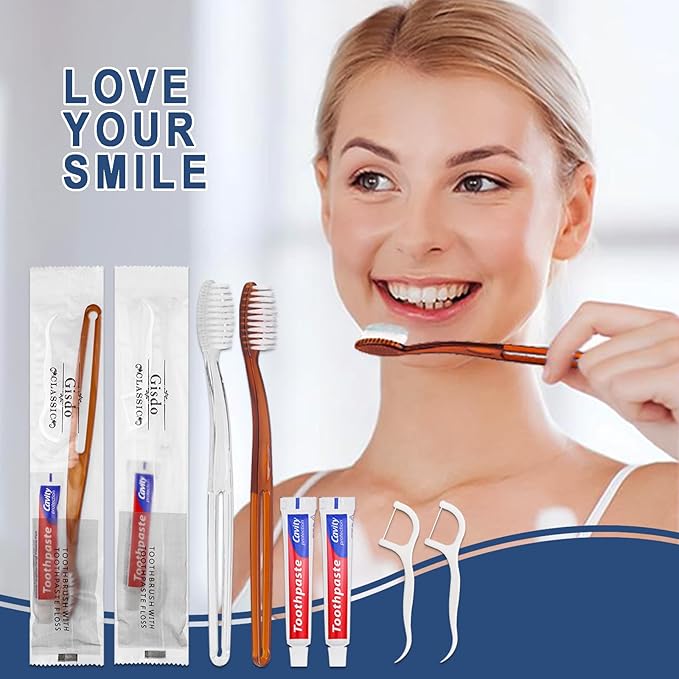 50 pcs Disposable Toothbrushes with Toothpaste Floss Individually Wrapped, 2 Color Disposable Toothbrush Bulk, 10g Toothpaste, Dental Floss Pick for Homeless,Airbnb,Hotel,Guest