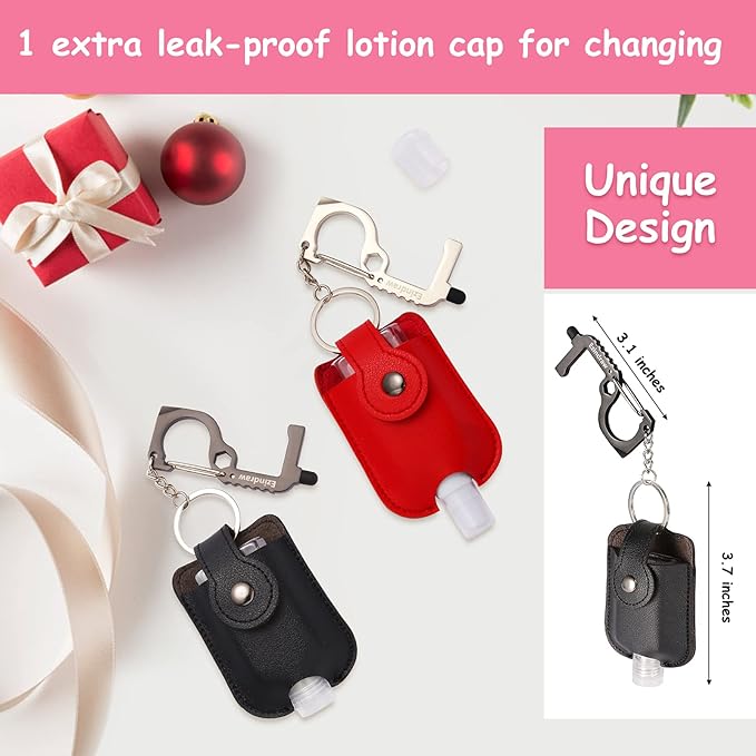 2 PCS Hand Sanitizer Travel Size Spray Case, Premium PU Leather Hand Sanitizer Keychains with Door Opener Tool, Spray or Squeeze, Refillable, Red, Black, Empty