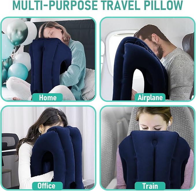 Inflatable Travel Pillow for Airplanes, Airplane Pillow for Supports Neck, Used for Planes, Trains, Cars, Includes Storage Bag, Eye Mask & Earplugs (Blue)